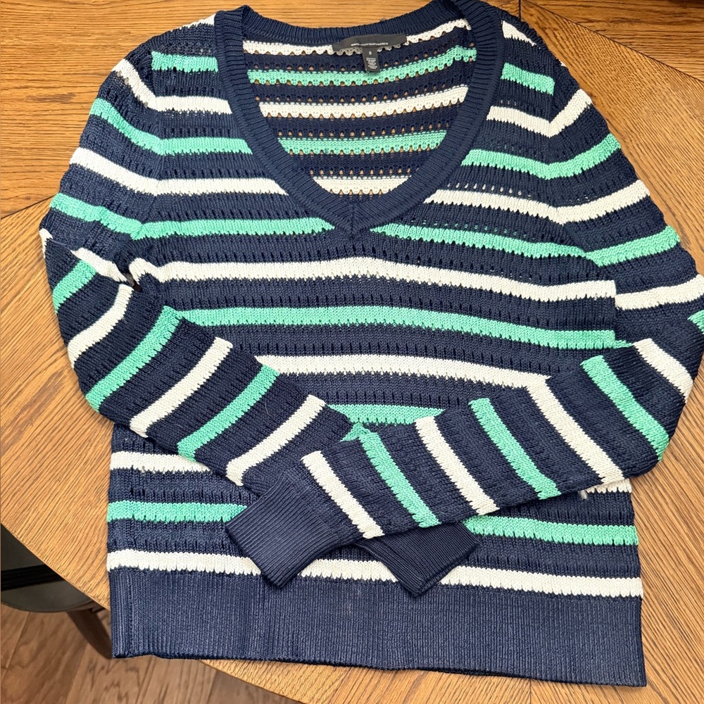White House Black Market Striped V-Neck Sweater - Navy, White, and Green Size S